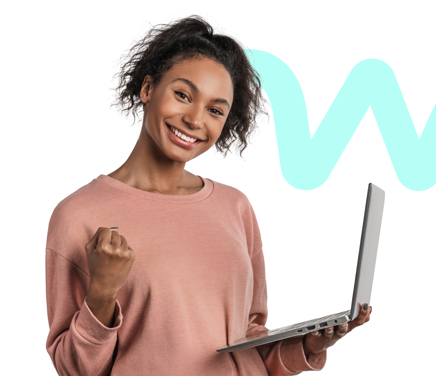 Woman holding laptop, showcasing features